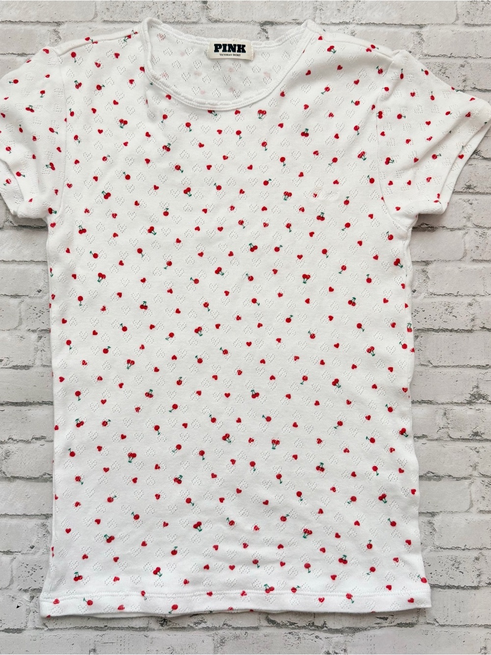 PINK Victoria's Secret White Short Sleeve Tee with Red Cherry & Hearts Print